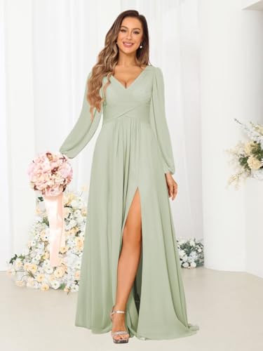 YMSHA Chiffon Pleated Bridesmaid Dresses with Slit Long Sleeve Formal Party Dress with Pockets YMS3814