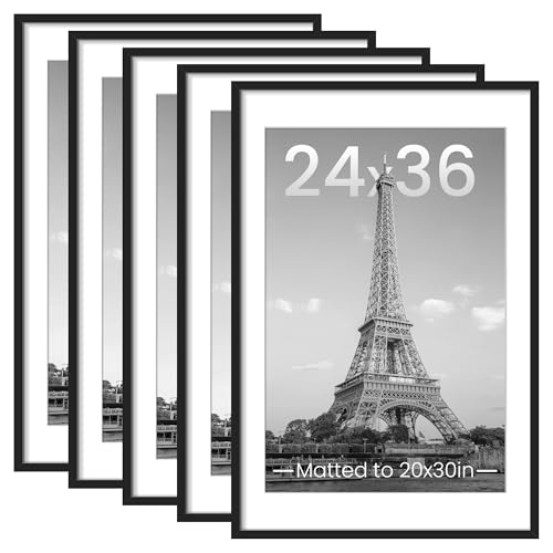 upsimples 24x36 Picture Frame Set of 5, Display Pictures 20x30 with Mat or 24x36 Without, Wall Gallery Photo Frames, Black