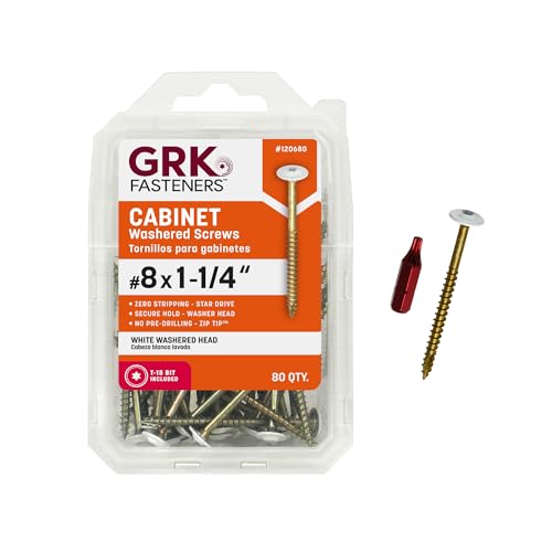 GRK Fasteners #8 x 1-1/4 Inch White Low-Profile Cabinet Screws, 80 PCS, Indoor/Outoor Climatek® Coating, Washer Head, W-Cut™ Fast Drive Threads, Star Drive Recess, T-15 Bit Included, White