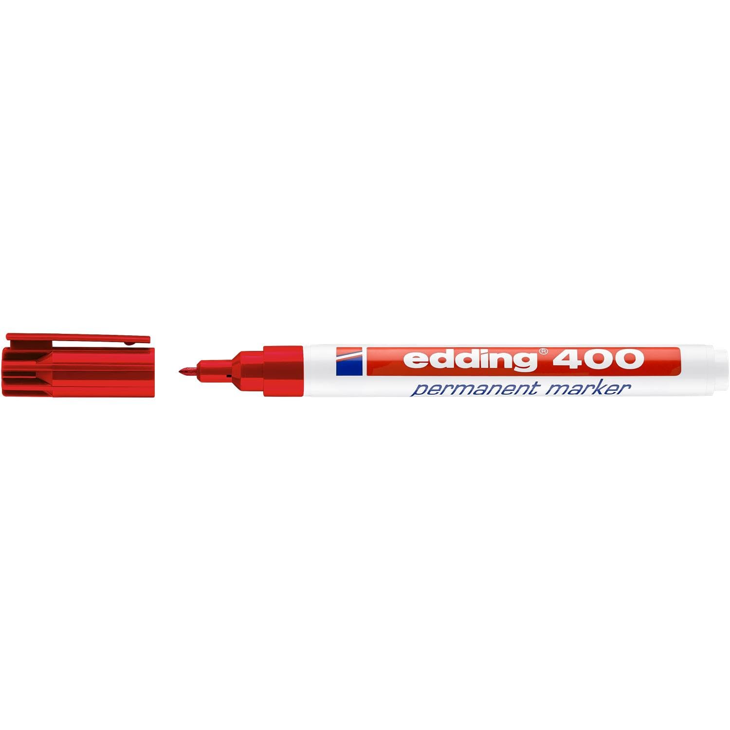 edding 400 marcador permanente - rojo - 10 rotuladores - punta fina redonda 1 mm - resistente al agua, de secado rápido, rotuladores indelebles - para cartón, plástico, madera, metal, vidrio