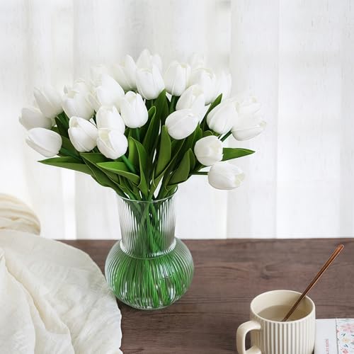 Image of 20 PCS Tulips Artificial Flowers, Real Touch Fake Flowers, White Artificial Tulips That Look Real Wedding Decorations Mother's Day Easter Gifts (20, White)