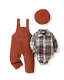 Renotemy Baby Boy Clothes Fall Winter Spring Gentleman Outfits Brown Plaid Flannel Bodysuit+Corduroy Overalls+Beret Hat Vintage Formal Church Wedding Golf Photoshoot Outfit for 12-18 Months Boys
