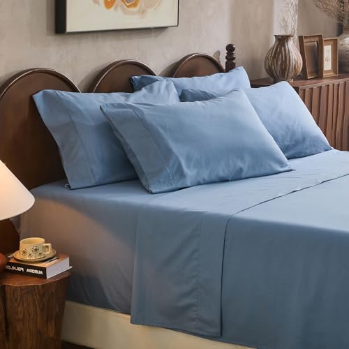 Overket 100% Linen Sheet Set Cal King Size Extra Deep Pocket Fits 18-24 Inch Mattress, Breathable & Soft, Smooth 6-Piece Set for Thick Mattresses Hotel Luxury Bedding（Cal King, Dusty Blue）