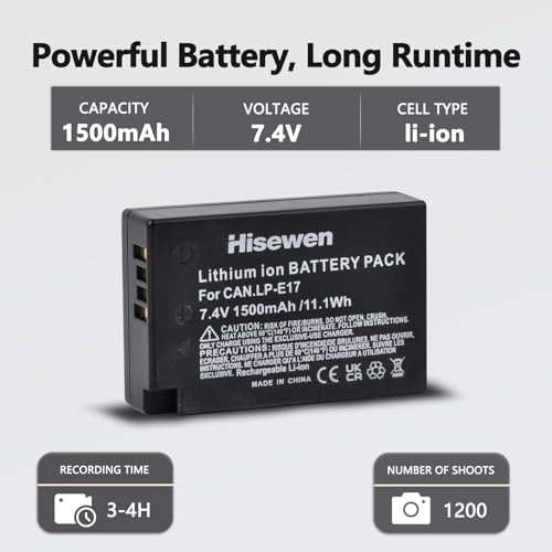 Hisewen LP-E17 batería (2 Pack) y Cargador para Canon EOS R10, EOS RP, R8, R50, R100, Rebel T8i, T7i, T6i, T6s, SL2, SL3, EOS M3, M5, M6, EOS 200D, 77D, 750D, 760D, 800D, 8000D cámara - imagen 3