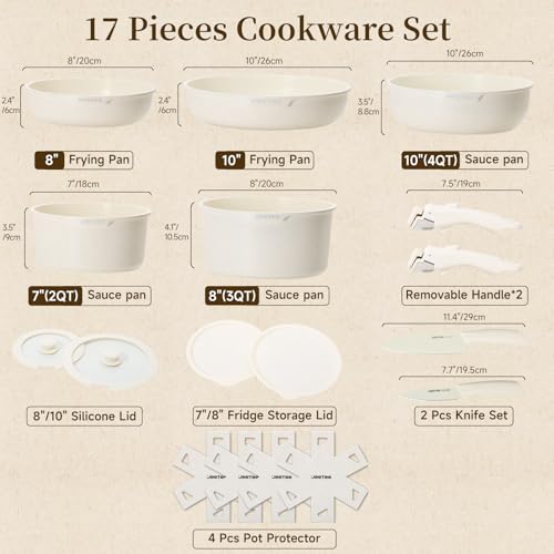 JEETEE Pots and Pan Set Nonstick 17pcs, Cookware Set with Detachable Handle, Kitchen Induction Cookware Set Non Stick with Removable Handle, RV Camping Pots and Pans, Oven Safe, PFAS/PFOA Free, Beige by JEETEE - Image 2