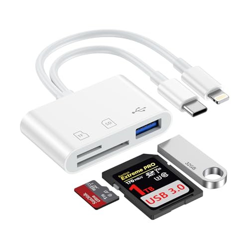 SD Card Reader for iPhone i Pad 3 in 2 Lightning & USB C Dual Connectors SD Card Reader Adapter with SD/TF/USB-A 3 Slots Camera Adapter to iPhone 17/16/15/14 MacBook Android Phones/Camera Plug & Play