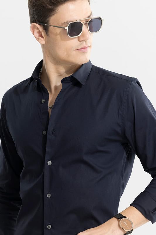 Image of SNITCH Men's Plain Shirts | Formal Wear Streetwear Style | Cotton Spread Full Sleeve Slim Fit Navy