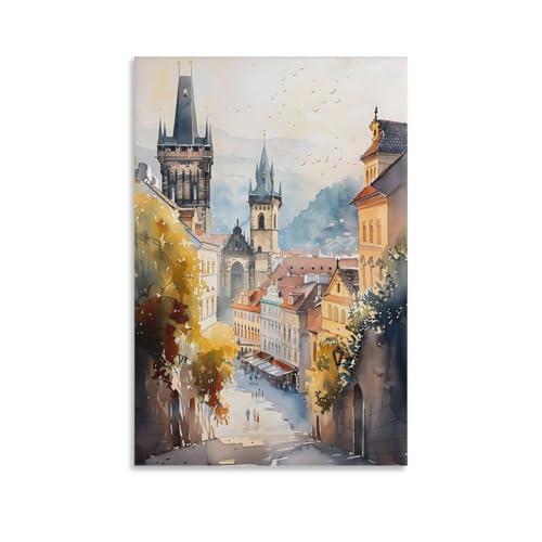 Póster de pintura de acuarela de Praga, arte de pared de Praga, decoración de pared, póster de viaje, impresión de acuarela, sin marco, 40 x 60 cm