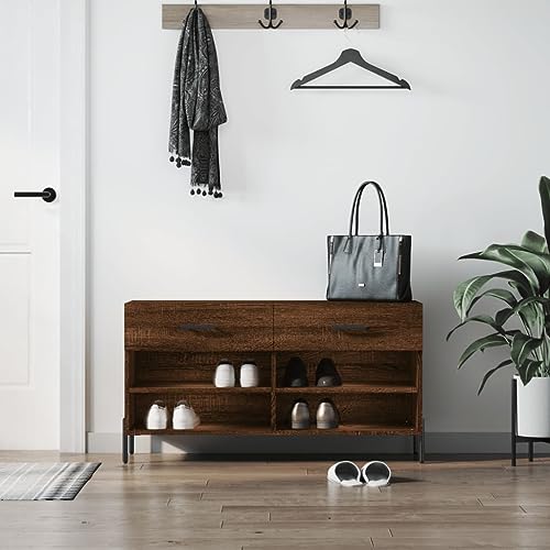 Frdhee Zapatero de pasillo para pasillo, banco de zapatos marrón efecto roble 102 x 35 x 55 cm de material de madera, para entrada y pasillo, fácil instalación, ahorra espacio