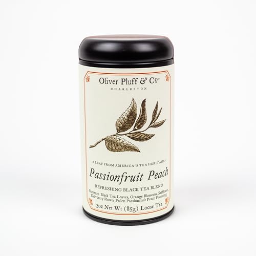 Oliver Pluff & Co. Passionfruit Peach Loose Leaf Tea | Black Tea Leaves, Orange Blossoms, Marigold Blossoms, Passionfruit Peach Flavoring | Passionfruit Peach Fine Tea - 3oz