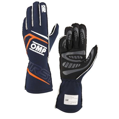 OMP Racing Driving Gloves, First, FIA Approved, Single Layer, Fire Retardant Fabric, Navy Blue/Fluorescent Orange, Large, Pair