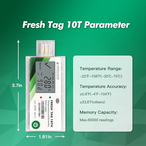 Image of Freshliance LCD Temperature Humidity Data Logger, Single Use USB Temperature Humidity Recorder with PDF or CSV Report, 65000 Readings -22℉~158℉ High Accuracy, 7days, 10pack, Fresh Tag10TH