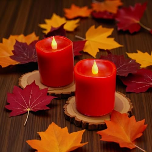 Image of Red Flameless LED Candles 3 inch Diameter Real Wax 2AA Battery Operated 600hr+ Flickering Candles with Timer Remote Control for Halloween Thanksgiving Christmas Wedding Indoor (Red, 3″x3″- 2 PCS)