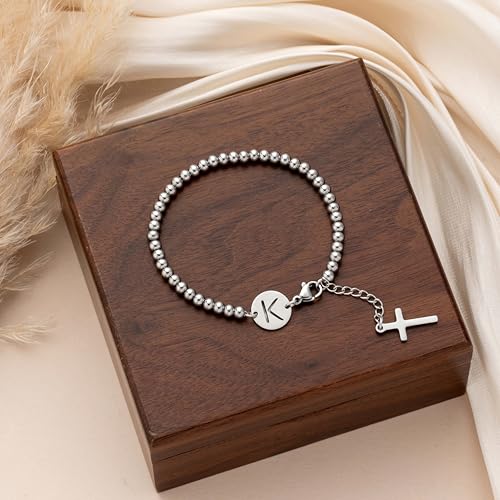 Image of Initial Cross Silvery Bracelets for Women Trendy, Initials Cross Charm Beaded Bracelet, Christian Gifts for Women, Baptism Confirmation Christmas Inspirational Gifts for Mom Daughter Friend Sister
