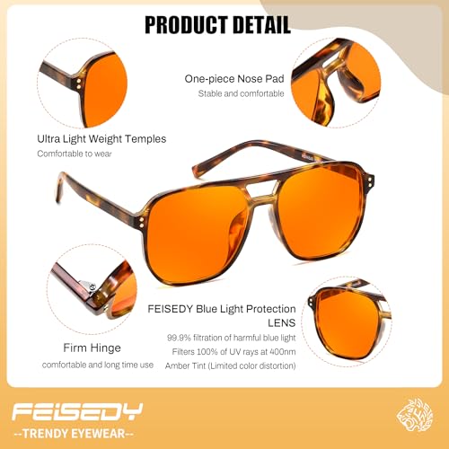 Image of FEISEDY Retro 70s Blue Light Filter Glasses 99.99% Blue Light Blocking Gaming Glasses Computer Glasses for Men Women Amber Tinted G2835