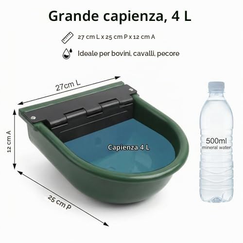 Abbeveratoio per Bestiame con Valvola a Galleggiante Automatica, capacità 4 Litri, Verde, per Cavalli, Bovini e Ovini, con Tubo da Giardino Standard, 26,5 X 28 Cm
