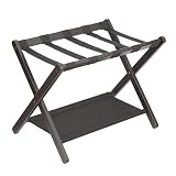 Virimolo Bambus Gepäckablage Braun Einzeln, Faltbarer Kofferständer mit Stoffablage für Hotels, Klappbarer Gepäckträger mit Ablagefach, Gepäckständer 67x47x51cm 2,8kg
