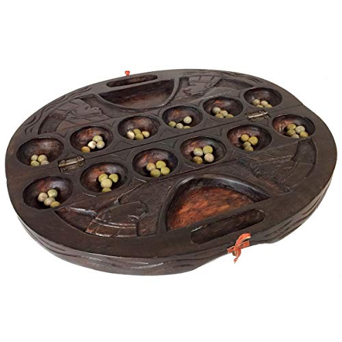 Africa Heartwood Project African Oware (mancala) Seed Board Game - Deluxe Circular Shape with Handle - Hancarved with Detailed Designs, Solid Wood - 48 Seeds and Instructions Included