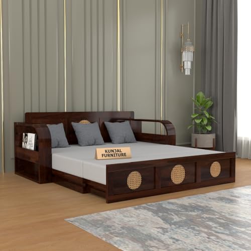 Image of Kunjal Furniture Solid Sheesham Wood Sofa Cum Bed with Storage for Living Room | Natural Finish | 3-Seater Convertible Sofa Bed | Handmade Wooden Furniture (Walnut, Round Cane)