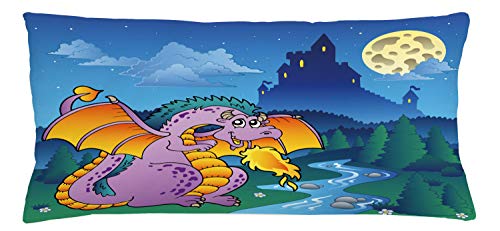 Lunarable Fantasy Throw Pillow Cushion Cover, Theme Cartoon with a Dragon at Fantasy Night Mysterious Castle, Decorative Rectangle Accent Pillow Case, 36