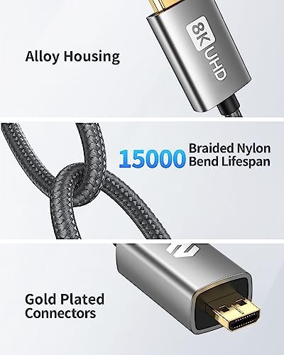Silkland Kabel Micro HDMI na HDMI 2.1, 2 m, 8K 60 Hz, Micro HDMI obsługuje Ethernet, 3D, HDR i eARC, Micro HDMI do HDMI, kompatybilny z GoPro Hero 9/8/7/6/5, Raspberry Pi 4, aparat Sony A6300 A6400
