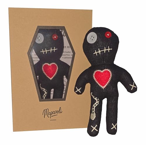 Poupée vaudou avec aiguilles, noire, boîte cercueil et instructions (extra large 16 cm, faite à la main) | Cadeau amusant pour amis, collègues, patron, mariage ou changement d'emploi (poupée voodoo