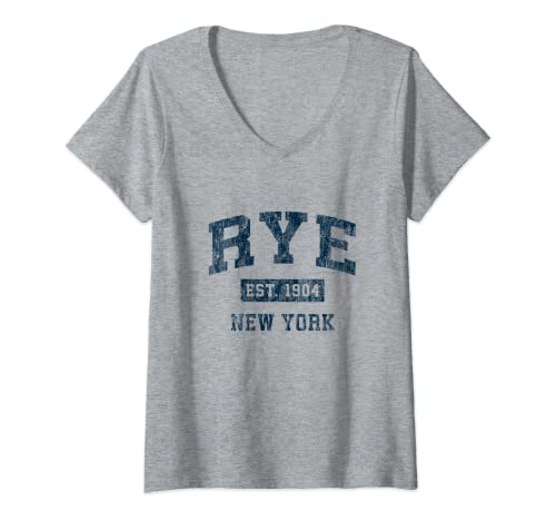 Mujer Rye New York NY - Estampado deportivo vintage, color azul marino Camiseta Cuello V