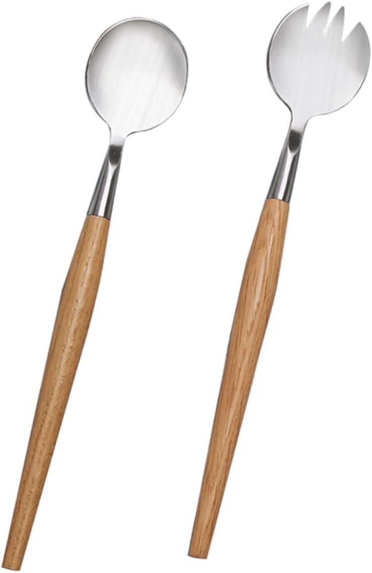 2pcs Salad Fork Spoon Set Silverware Salad Servers Stainless Steel Wooden Handle Party Cutlery