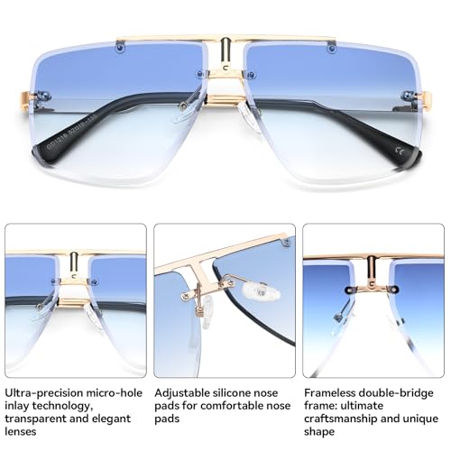Image of Rimless Oversized Square Sunglasses for Men Trendy Fashion Big Shades Tinted Lens Gold Metal Frameless Glasses UV400