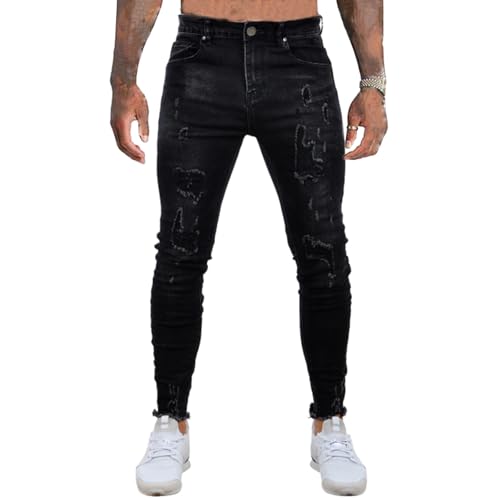Mens Teen Boys Ripped Slim Fit Jeans Y2k Hip Hop Distressed Skinny Jeans Street Stretch Denim Pants Raw Hem