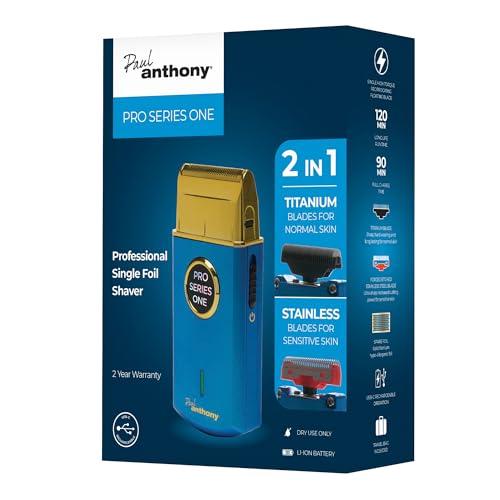 Image of Paul Anthony Pro Series One Lithium Mens Professional Foil Shaver with Blades for Normal or Sensitive Skin, Spare Hypo-allergenic Foil and Travel Bag, Dry use only - Blue - H5003BL
