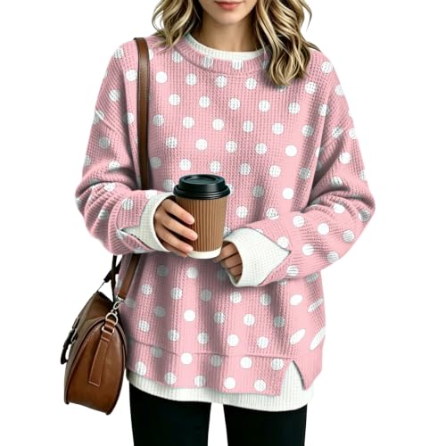 Waffle Knit Womens Crew Necks Sweatshirts Oversized Polka Dot Layered Tops - image 2