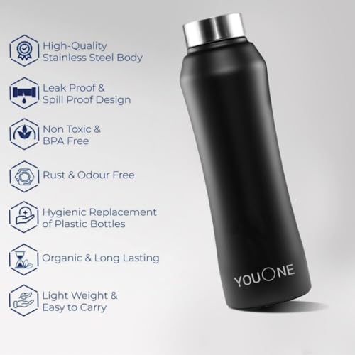 Image of YOUONE Stainless Steel Water Bottle (1 Litre, Set of 1)| Leak Proof Thunder for Fridge Home Office Travel School Kids Boys Girls Adults Sports Gym Yoga (Black)