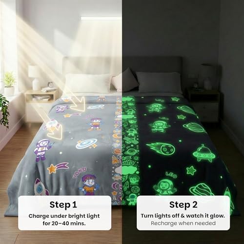 Image of Famyo GlowMaxx Kids Blanket | Soft Flannel Glow in Dark Blanket - Leo the Astro | AC Blanket for Kids | Summer Blanket 200x152 cm | | Double Bed | 0-15 Yrs | Lab-Tested Safe (Grey)