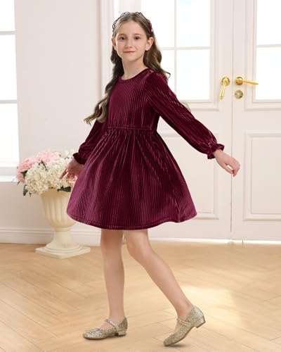 Stelle Girls Long Sleeve Velvet Dress Ruffled Crew Neck Midi A-Line Dresses Vintage Formal Party Winter Outfits2
