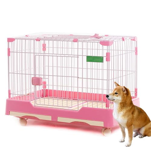 PJDDP Dog Crate, Metal Puppy Cage with 2 Lockable Doors & Removable Plastic Tray, Indoor Pet Kennel for Small to Medium Size Dogs Cats Training,Pink,S