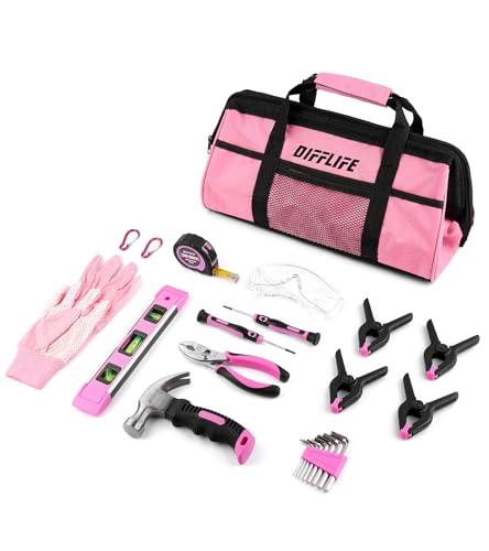 DIFFLIFE 25 Piece Pink Tool Sets Kids Real,Hand Tool Kit with Storage Bag for Boys, Girls,Children DIY Building and Woodworking, Age 8+ Tool Set-25 Piece Pink Tool Bag