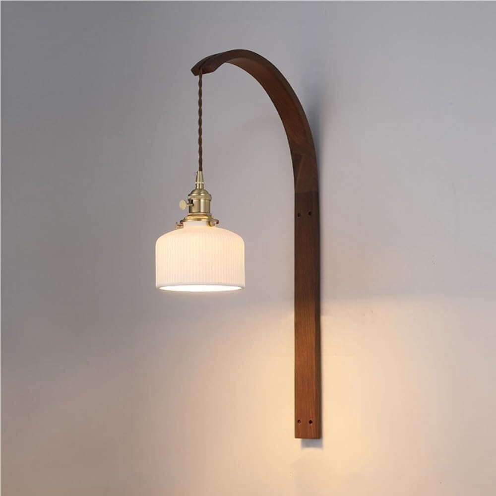LYOUAE Mid-Century Zen Aesthetic Wall Sconce Retro Walnut Wood Wall Light Ceramic/Glass Shade Hanging Wall Lamp for Bedroom Living Room Hallway(14cm Ceramic Shade)