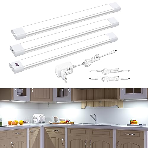 WOBANE Luce Led Sottopensile Cucina, 3x30cm Lampada per cucina Dimmerabile con Sensore Senza Contatto, Strisce Led Cucina Sottopensile con Spina per Sotto Mensola,Scaffali,Armadio, Bianco Freddo 6000K