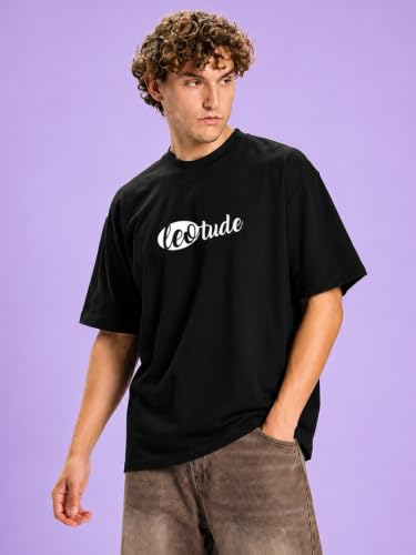 Image of LEOTUDE Men's Premium T-Shirt | 100% Pure Cotton Oversized Baggy Fit Drop Shoulder Cool Back Typographic Printed T-Shirt for Men (Color : Black)
