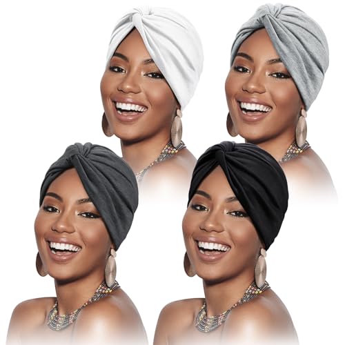 SATINIOR 4 Pieces Turbans for Women Soft Pre Tied Knot Fashion Pleated Cancer Turban Cap Chemo Headwrap Sleep Hat, 4 Colors(Black, Grey, Light Grey, Light White)