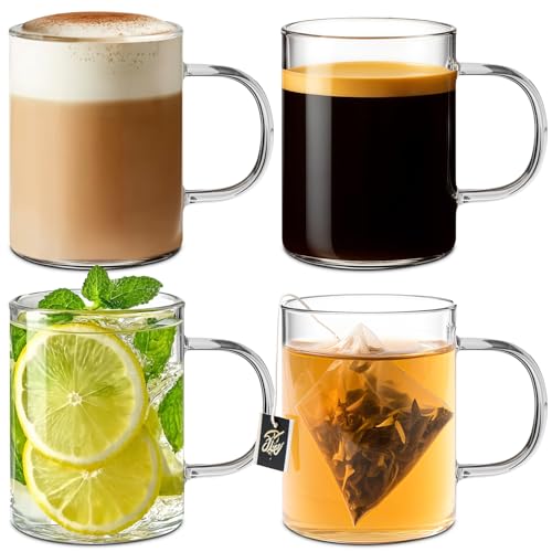 ComSaf 300ml Glass Coffee Cups Set of 4, Clear Glass Coffee Cup with Big Handle, Borosilicate Glass Mug for Coffee Tea Milk Juice or Hot Cold Beverages, Crystal Drinking Glass for Birthday Party