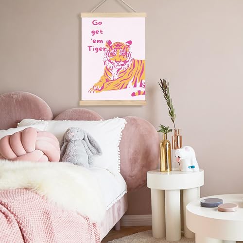 Image of PQKIY Preppy Pink and Orange Tiger Wall Art Poster Hanger Frame 12x16 in, Trendy Girly Y2K Aesthetic Pink Tiger Wall Decor Canvas Prints for Teen Girls Room Dorm Apartment