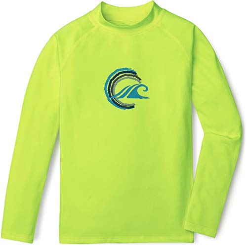 Tsla Boys Upf 50+ Rash Guard Long Sleeve, Uv Sun Proctection Water Swim Shirts, Surf Swimwear Swimsuit Top, Wave Circle Neon Yellow, 14 #TOP5