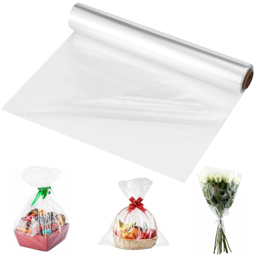Papel Celofan Transparente 80cm x 30m, Envolver Regalo Grosor 3mil para Bodas Floristerías Cumpleaños Aniversarios Festivales, Rollo Envasar Plástico para Flores,Cestas,Ramo,Fruta,Artesanía,Galletas