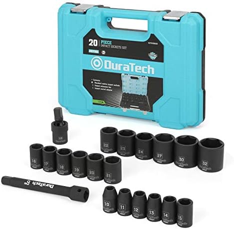 DURATECH 1/2" Drive Impact Socket Set, 20-piece Shallow Socket Set, Metric: 10-32mm with Impact Extension Bar and Universal Joints