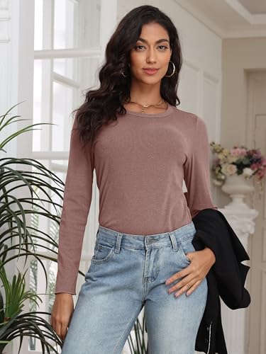 COCOMARTS Womens Long Sleeve Crewneck Knit Basic Tops Loose Casual Shirt 2025 Fall Winter Outdoor Thermal Undershirts Brown Small — view 3