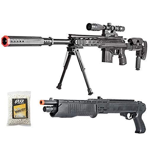 BBTac Airsoft Sniper Gun Package - Powerful Spring Sniper Rifle, Shotgun, 6mm BB