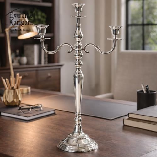 Image of 3 Arm Silver Candlestick Holder Stand | 24 Inch Tall Metal Candelabra for Wedding Centerpieces, Dining Table, Living Room & Event Decor