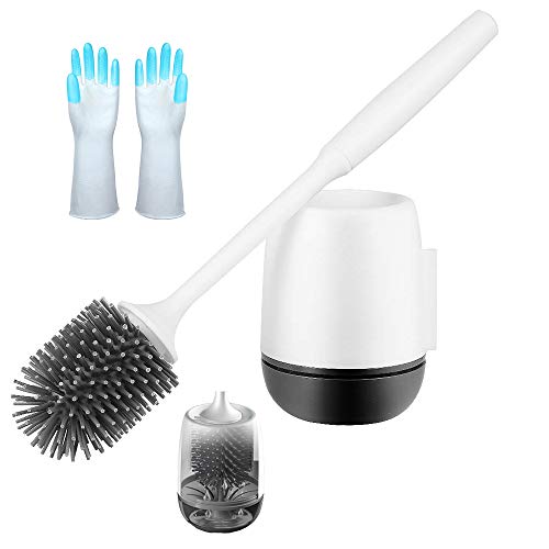 BONSYL Escobilla de Inodoro de Silicona con cerdas Suaves de Silicona Limpia y Soporte de Secado rápido, Incluye Escobillas y portaescobillas de Inodoro Guante de Goma. (Montado en la Pared)